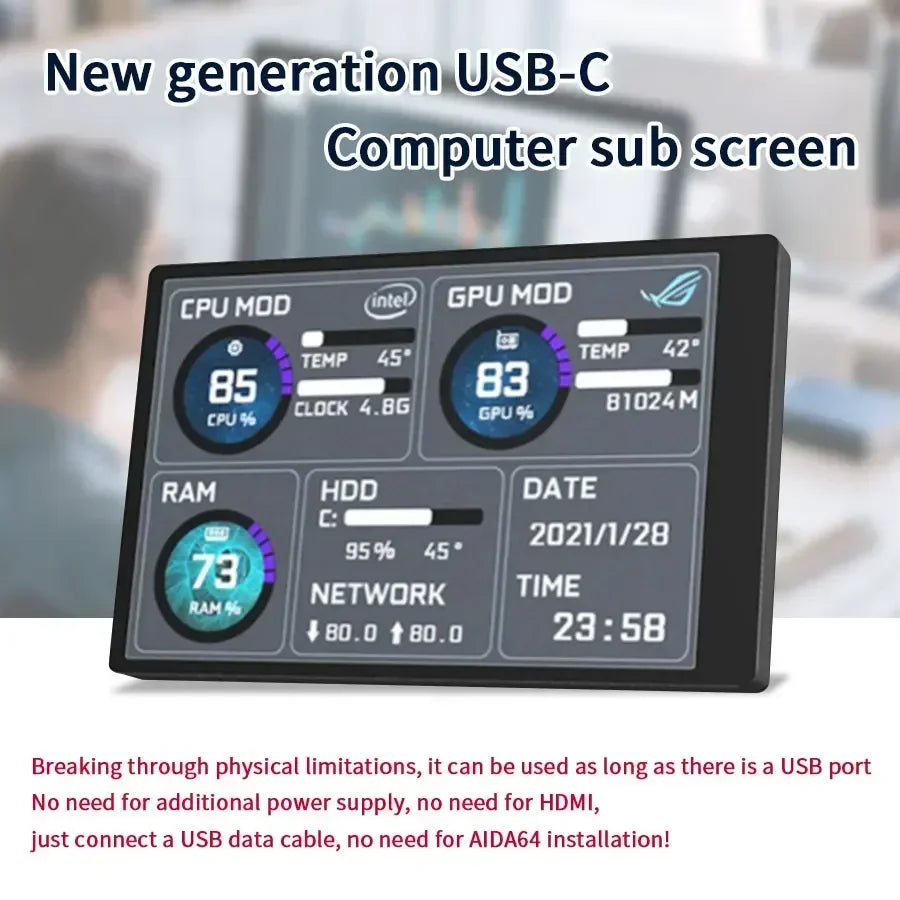 3.5 inch Mini IPS USB Type C Secondary Screen CPU GPU RAM HDD Computer Monitor Display LCD Monitor Windows 8/10/11 Freely AIDA64