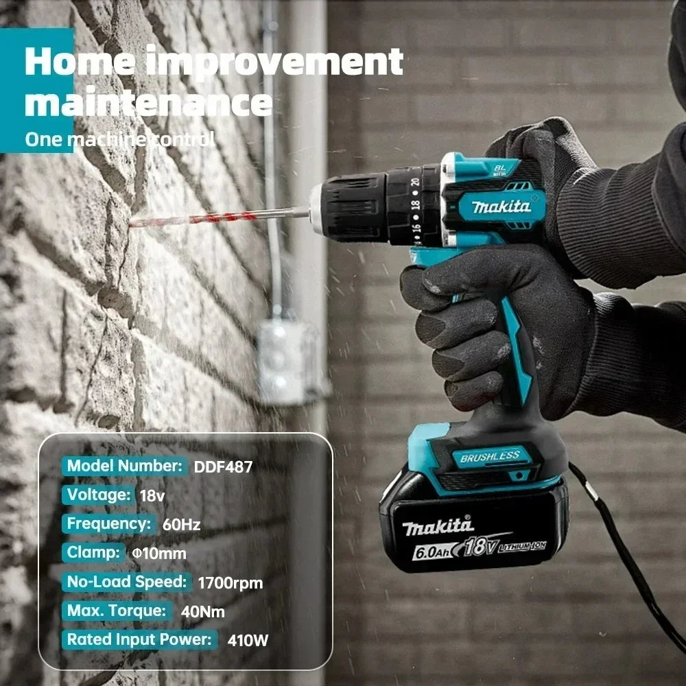 Makita 100%Original DDF487 Cordless Driver Drill 18V Brushless Electric Impact Screwdriver Rechargeable Power Tool