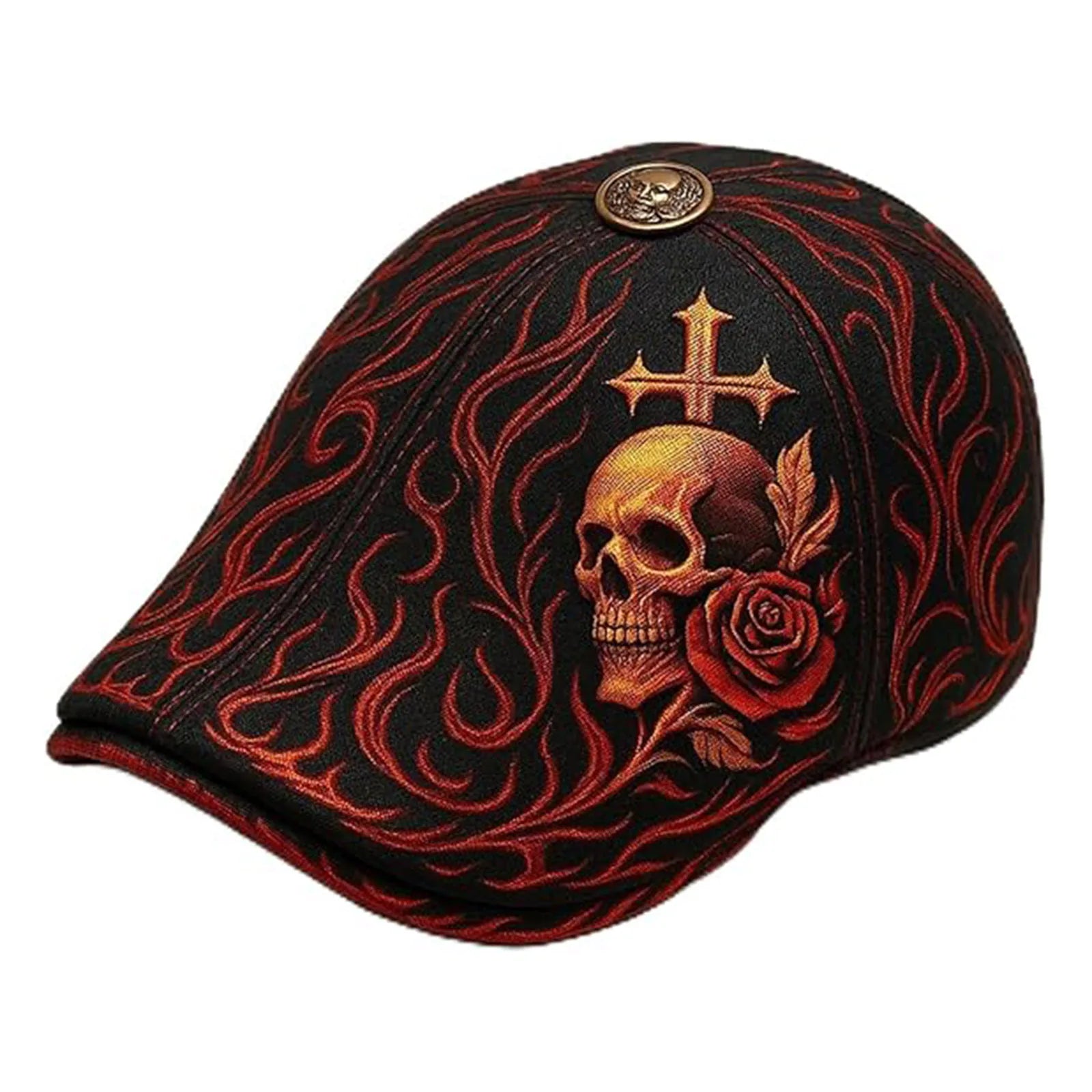 Vintage Newsboy Beret – Skull Rose & Cross Duckbill Flat Cap Unisex