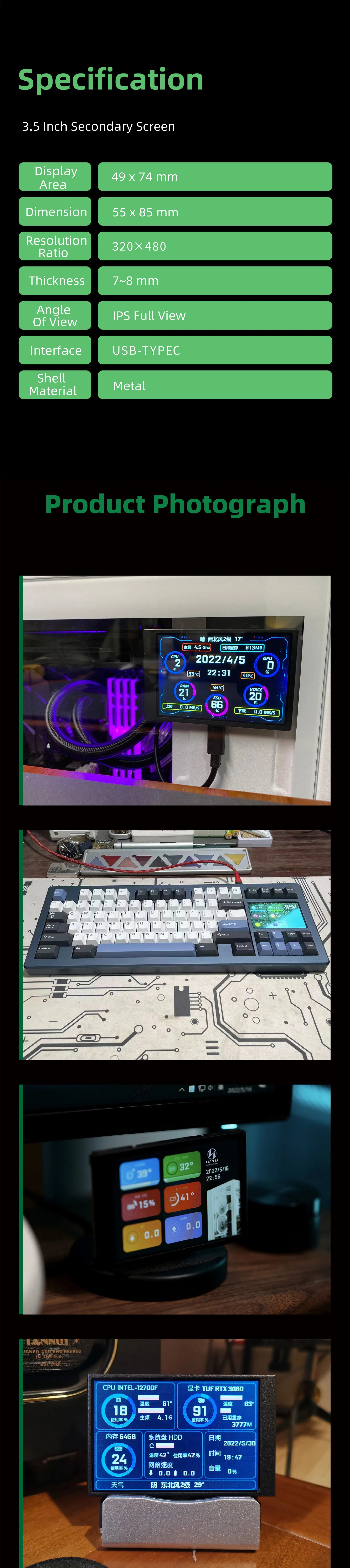 TURZX USB Secondary Screen 3.5"/5" IPS – CPU GPU RAM HDD Monitor for PC