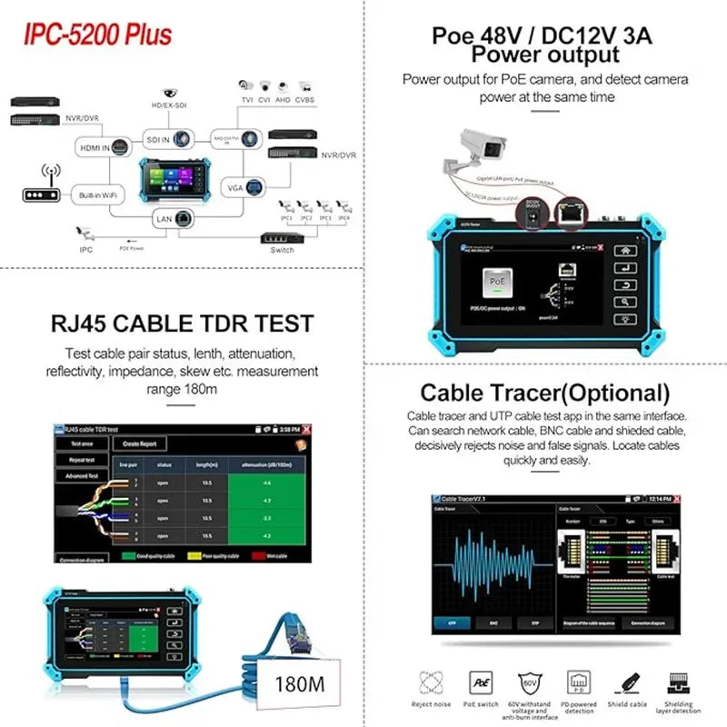 IPC-5200C Plus IP Camera Tester 5.4 inch IPS Touch Screen Monitor CCTV Tester Support AHD/CVI/TVI/SDI/CVBS/IP Camera Tester