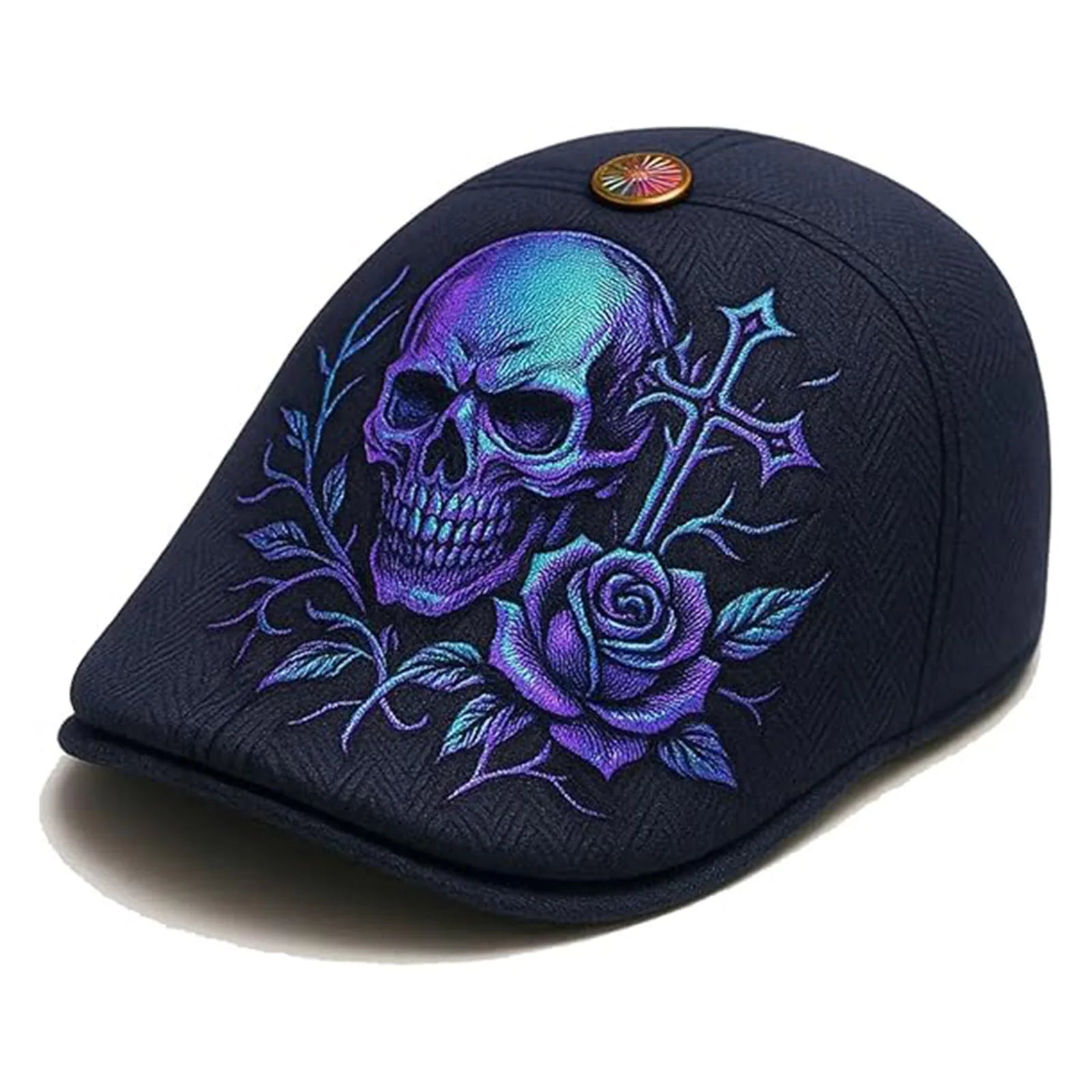 Vintage Newsboy Beret – Skull Rose & Cross Duckbill Flat Cap Unisex