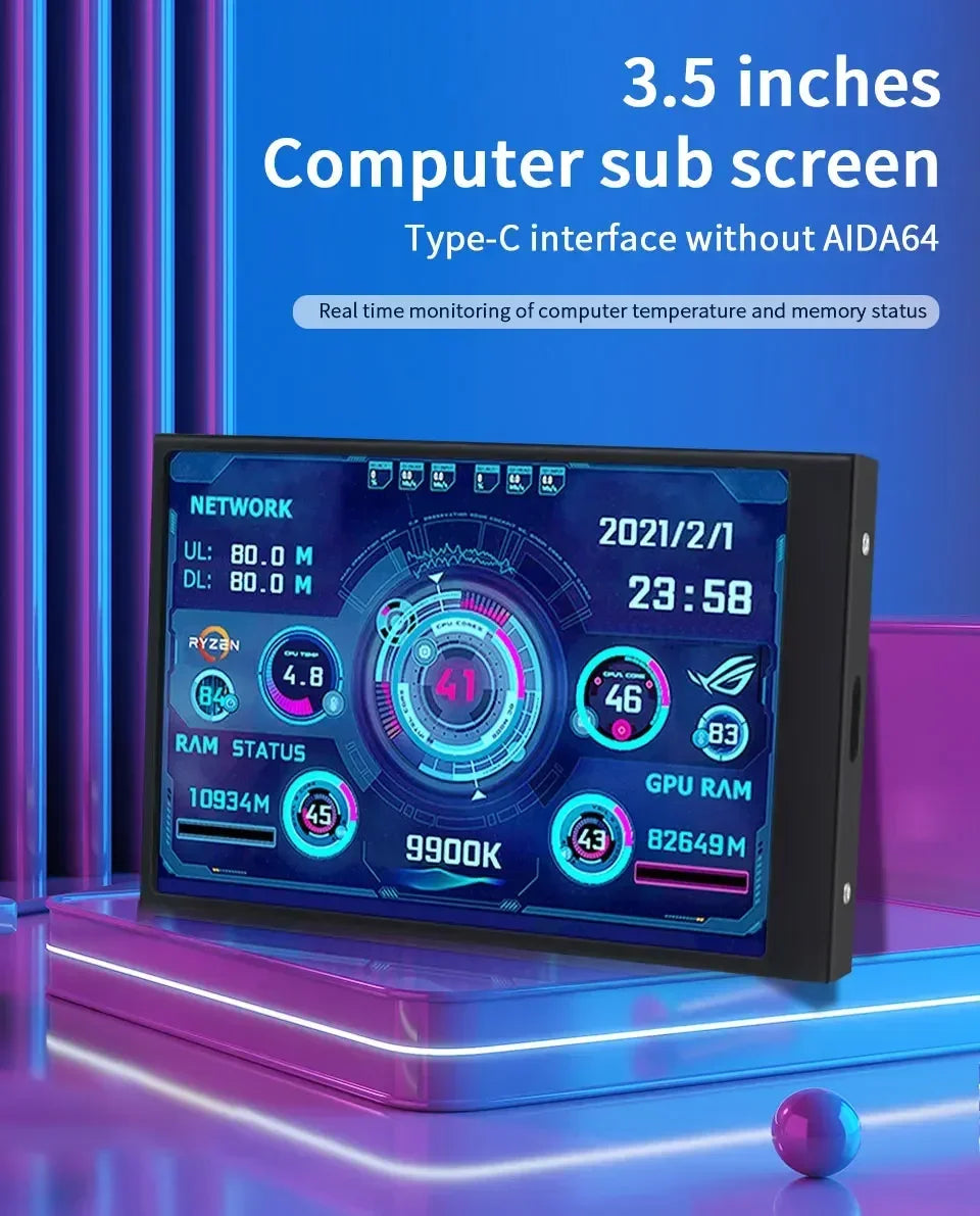 3.5 inch Mini IPS USB Type C Secondary Screen CPU GPU RAM HDD Computer Monitor Display LCD Monitor Windows 8/10/11 Freely AIDA64