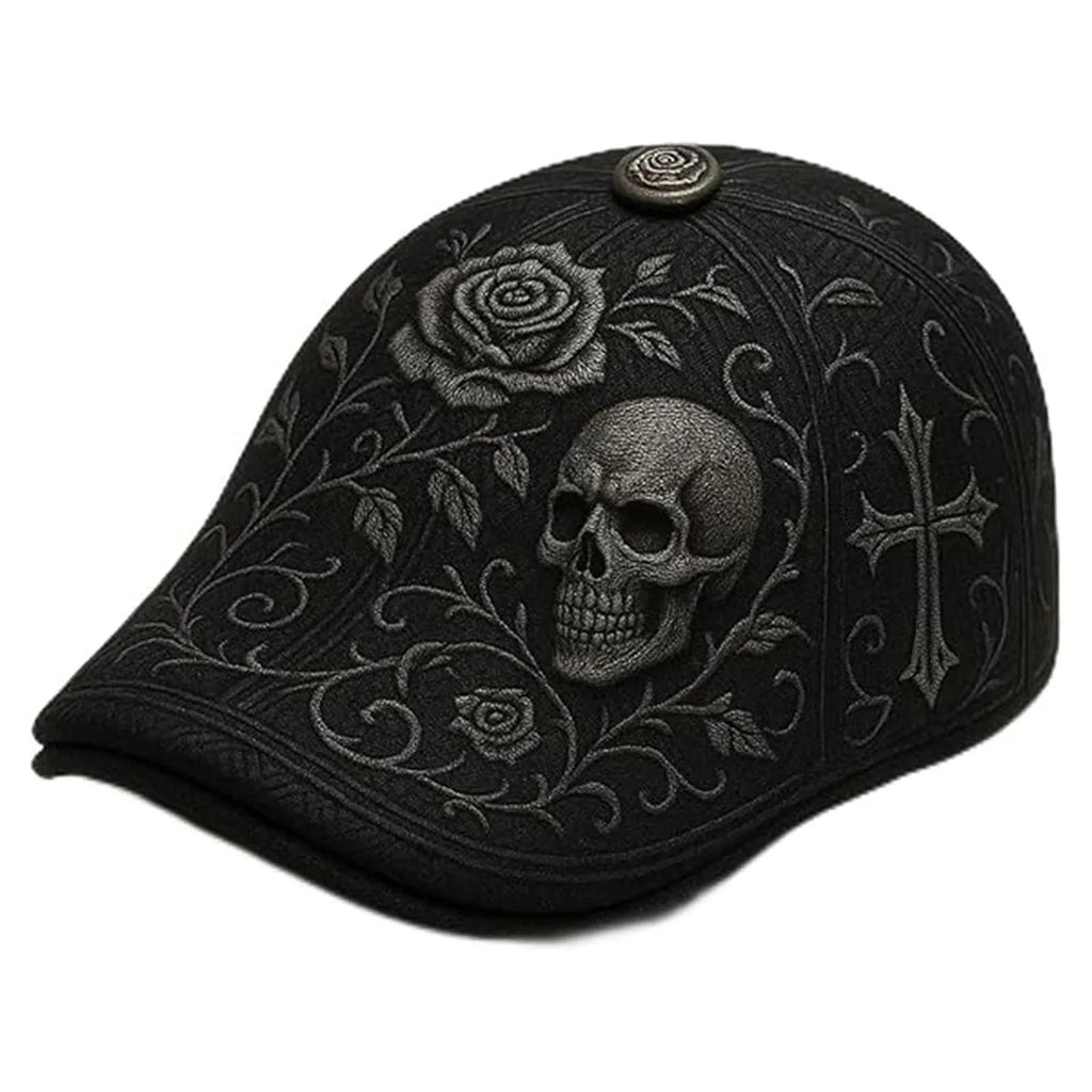 Vintage Newsboy Beret with Skull Rose & Cross Trendy Cotton Comfort Duckbill Flat Caps Retro Casual Fashion Skull Thorn Flat Cap
