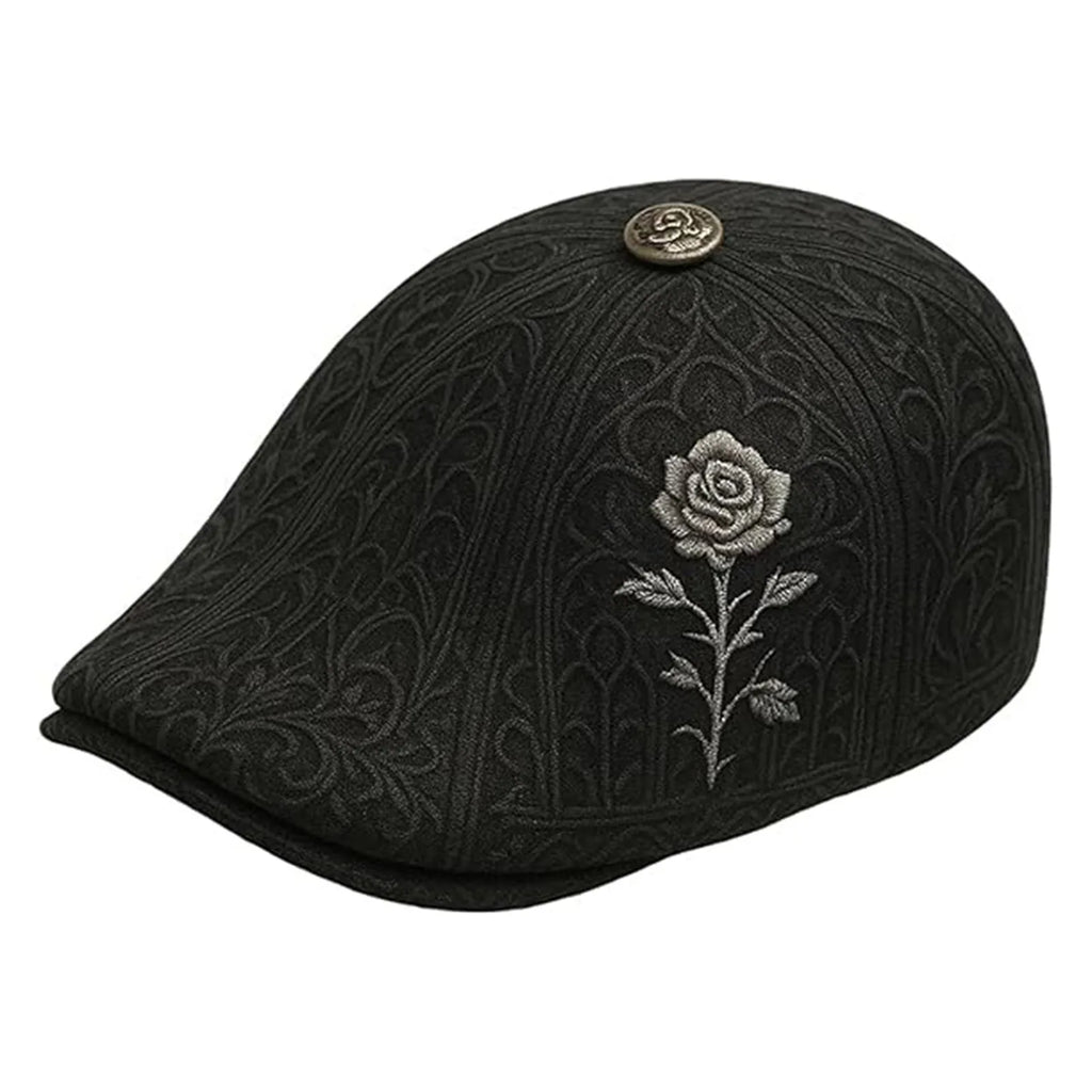 Vintage Newsboy Beret with Skull Rose & Cross Trendy Cotton Comfort Duckbill Flat Caps Retro Casual Fashion Skull Thorn Flat Cap