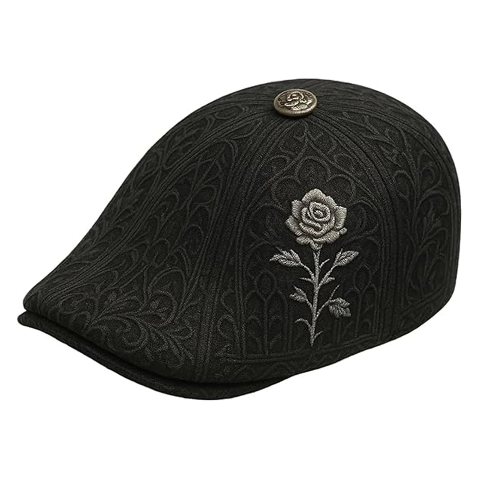 Vintage Newsboy Beret with Skull Rose & Cross Trendy Cotton Comfort Duckbill Flat Caps Retro Casual Fashion Skull Thorn Flat Cap