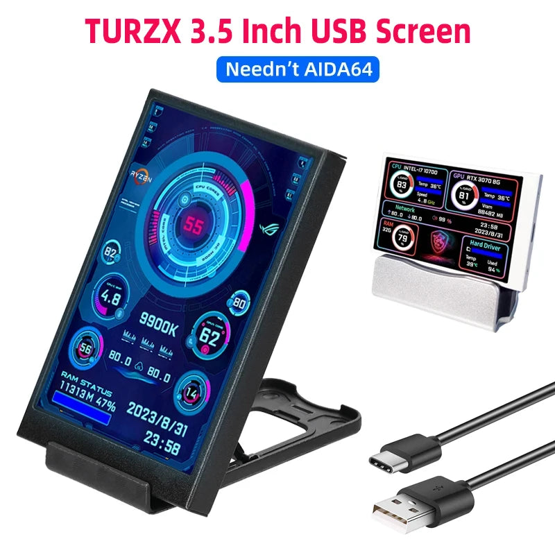 TURZX USB Secondary Screen 3.5"/5" IPS – CPU GPU RAM HDD Monitor for PC